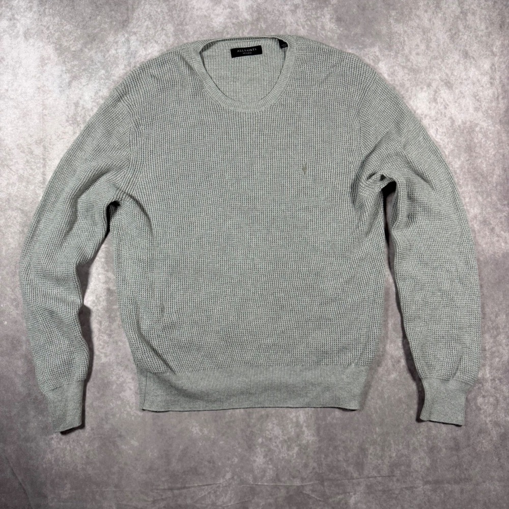 AllSaints Rias Crew Sweater Mens XXL Grey Waffle Knit 100% Cotton Pullover Logo